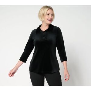 Denim & Co. Women's Top Sz M Knit Velvet Sleeve Collared Henley Black A709313